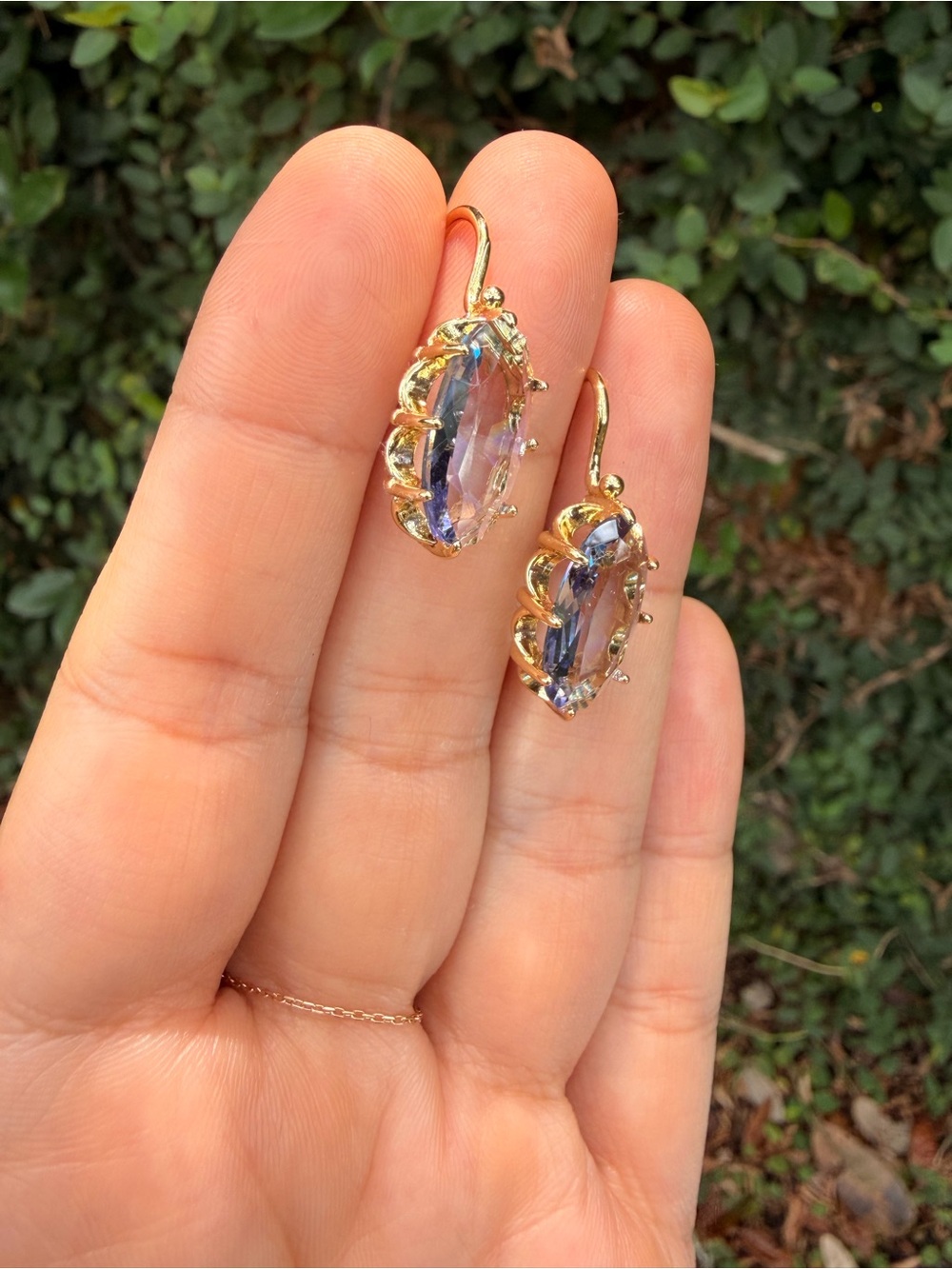 Gold Plated Earrings with Iridescent Lavender Crystal Drops - Picture 2 of 7